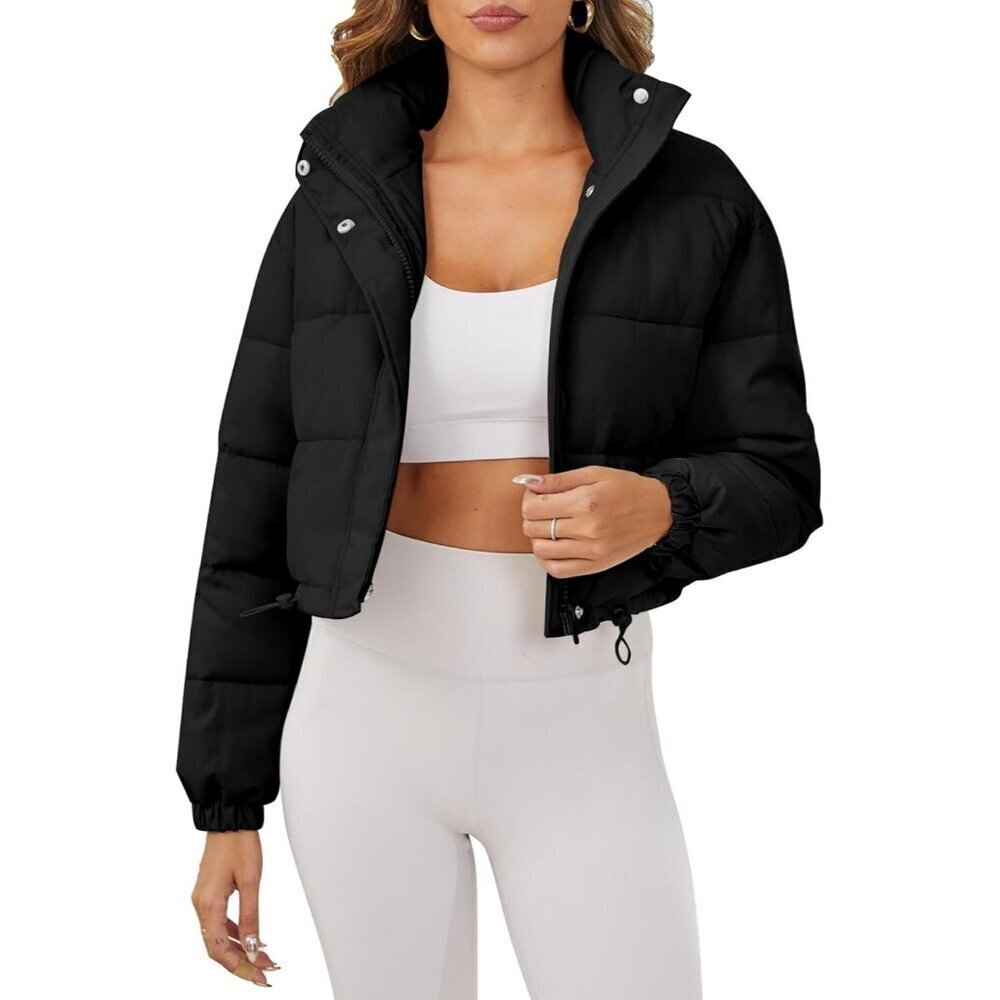 Women's Cropped Puffer Jacket Long Sleeve Puffy Coat Stand Collar Zip UP Black